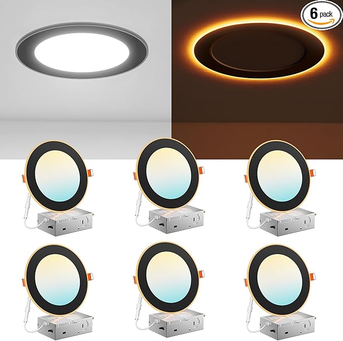 Amico 6 Pack Black 6 Inch 5CCT LED Recessed Ceiling Light with Night Light, 2700K/3000K/3500K/4000K/5000K Selectable Ultra-Thin Lighting, 12W=110W, 1100LM, Dimmable Canless Wafer Downlight - ETL&FCC