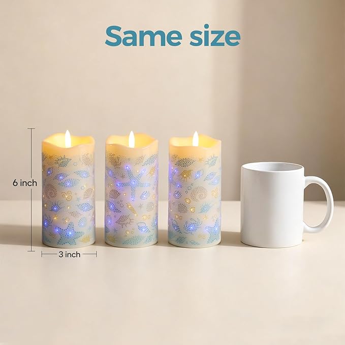 Eywamage Fiber Optic Flameless Pillar Candles with Remote Timer, Ocean Theme LED Battery Candles Home Decor Set of 3 Φ 3" H 6"