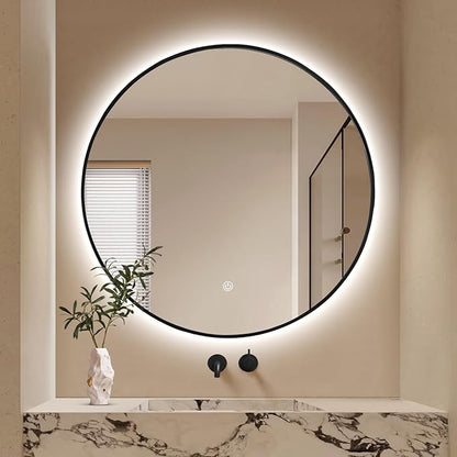 Niccy 36" LED Backlit Round Mirror for Bathroom, Black Framed Vanity Light Wall Mirror, LED Smart Circle Mirrors with 3 Lighting Colors, Round Lighted Mirror with Anti-Fog, IP65 Waterproof