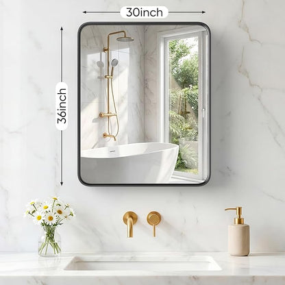 NEWBULIG 30X36 Inch Bathroom Mirror for Over Sink, Wall Vanity Mirrors Tempered Glass, Anti-Rust Metal Framed Rounded Rectangle, Hangs Horizontally or Vertically, Farmhouse Home Decor, Black