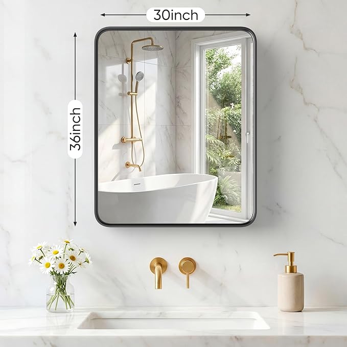 OLIXIS Bathroom Mirror for Over Sink, 30x36 Inch Wall Rounded Rectangle Mirror with Matte Metal Framed, Modern Wall Mount Vanity Mirror for Home Decor, Living Room, Bedroom, Black