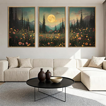 ANHUIB Moon Forest Wildflower Wall Art, Moonlit Pine Tree Wall Decor Dark Mountain Paintings Set of 3 for Living Room Bedroom Dining Room 16x24 Inch