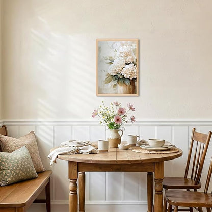 Framed Hydrangea Wall Art, White Floral Botanical Wall Decor Pictures, Vintage Flower Canvas Prints Paintings Farmhouse Aesthetic Home Decor for Living Room Bedroom Bathroom Kitchen 12x16 inch