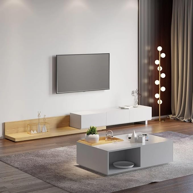 homary Wood Extendable TV Stand Rectangle Entertainment Center with 3-Drawer & Shelf Media TV Console for Living Room Bedroom (White & Natural)