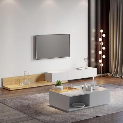 homary Wood Extendable TV Stand Rectangle Entertainment Center with 3-Drawer & Shelf Media TV Console for Living Room Bedroom (White & Natural)