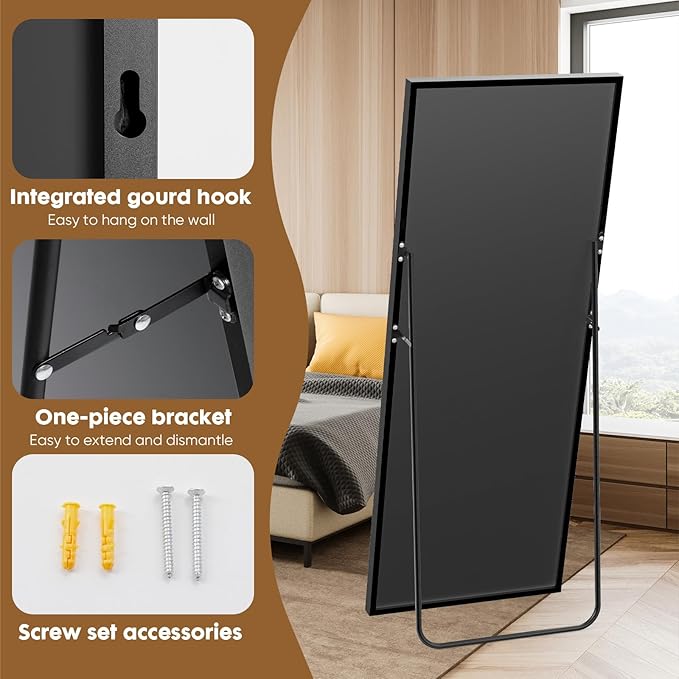 Sweetcrispy 71"x26" Full Length Mirror, Full Body Mirror with Aluminum Alloy Thin Frame, Leaning or Standing, Suitable for Bedroom, Livingroom, Cloakroom, Black