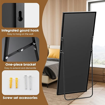 Sweetcrispy 71"x26" Full Length Mirror, Full Body Mirror with Aluminum Alloy Thin Frame, Leaning or Standing, Suitable for Bedroom, Livingroom, Cloakroom, Black