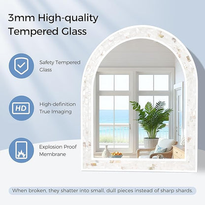 Tanmicoshomy White Arched Wall Mirror 24x36 Inch, Mosaic Shell Framed Bathroom Mirrors with Tempered Glass for Bathroom Living Room Bedroom or Entryway