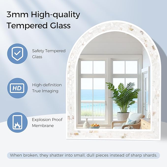 Tanmicoshomy Arched Bathroom Mirror 20x30 Inches, Natural Shell Inlay White Framed Mirrors with Tempered Glass for Bathroom Living Room Bedroom or Entryway