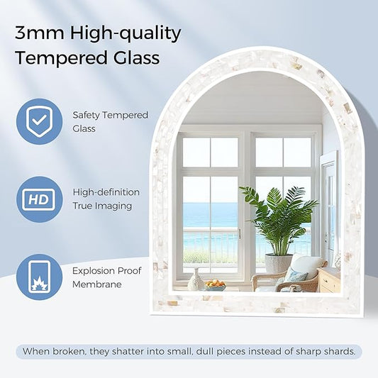 Tanmicoshomy Arched Bathroom Mirror 20x30 Inches, Natural Shell Inlay White Framed Mirrors with Tempered Glass for Bathroom Living Room Bedroom or Entryway