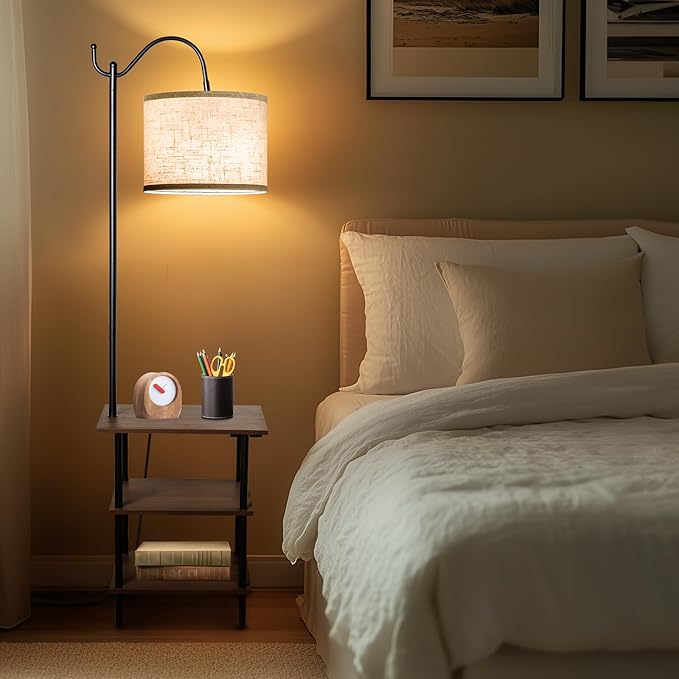 EOEYYOYB Floor Lamp with 3-Tier Shelves, End Table Lamp with USB Charging Port Power Outlet, Side Table Reading Light with 3 Color Temperature Led Bulb Included, Floor Lamps for Living Room, Walnut