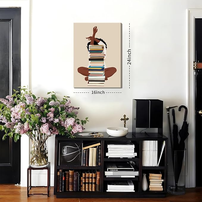 AKWISH Black Girl Canvas Wall Art - African American Wall Decor, Modern Black Woman with Book Art for Bedroom Living Room - Framed 16x24 inch