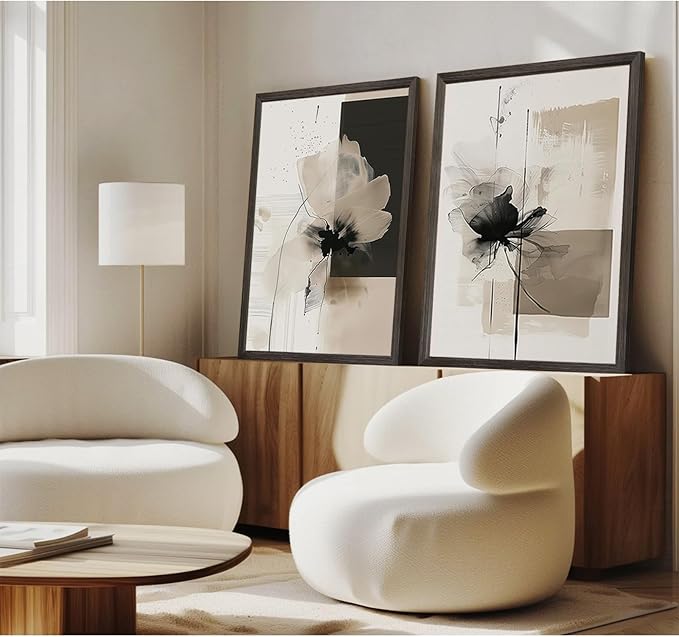 Tocliky Modern Abstract Floral Wall Art Minimalist Neutral Canvas Painting Decor Beige Cream And Black Wall Art Contemporary Flower Picture Prints for Living Room Bedroom 24x36 Inch Framed Set of 2