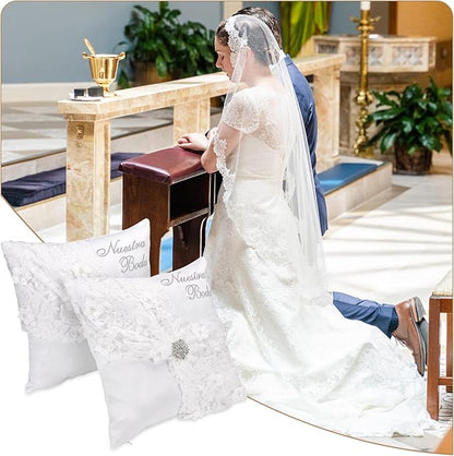 Nuestra Boda Wedding Kneeling Pillows Cover Set of 2, 16 x 16 Inch Embroidered Prayer Pillow for Kneeling, Satin and Lace White/Silver, Decoracion for Bodas