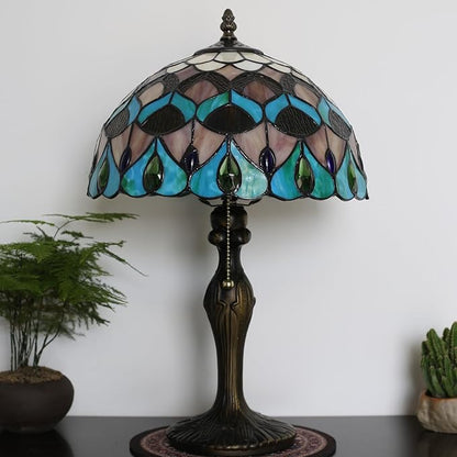 Tiffany Lamp Stained Glass Table Lamp Bedside Reading Lamp 12 x 19” Blue Phoenix Tail Style Decorative Lamp for Desk Study Living Room Bedroom Office Decor Gift