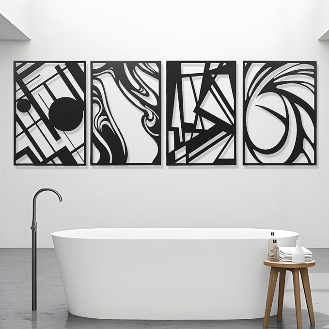 AMAATE Black Metal Wall Art, 4 Pieces Abstract Modern Line Art Sculpture, Hollowed Out Geometric & Fluid Metal Wall Hanging Decor for Living Room Bedroom Office 17.7" X 26.4" in