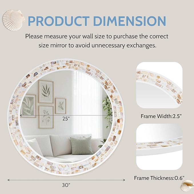 Tanmicoshomy Round Wall Mirror 30 Inch, Natural Brown Shell Framed Circle Mirrors with Tempered Glass for Coastal Bathroom Bedroom Living Room or Entrayway(Brown)