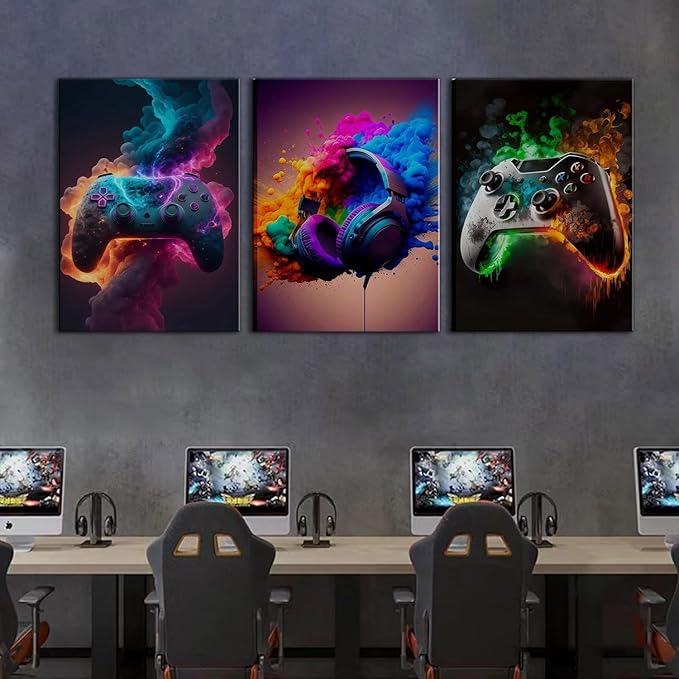 BGFCE Gaming Room Decor Canvas Wall Art Set of 3 - Cool Video Gaming Theme Wall Decor, Gamer Paintings Picture Print for Teen Boys Room 16x24 inch Framed