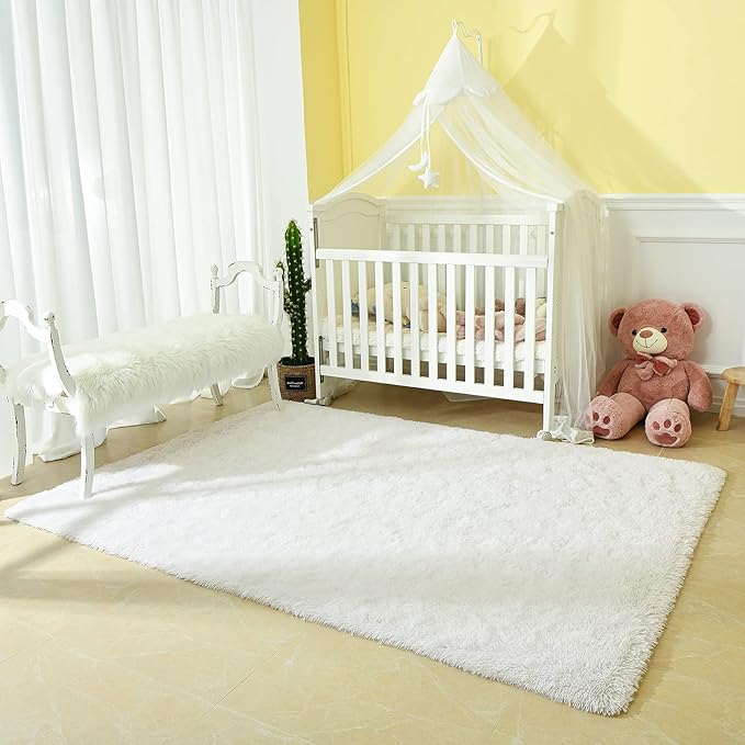 Andecor Soft Fluffy Bedroom Rugs, 5 x 8 Feet Indoor Shaggy Plush Area Rug for Boys Girls Kids Baby College Dorm Living Room Home Decor Floor Carpet, White