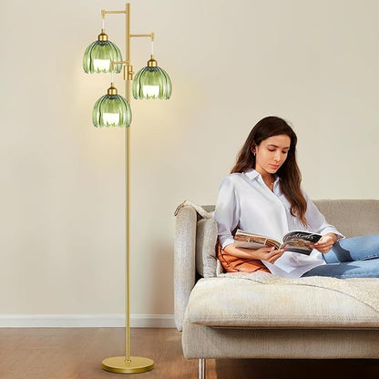 ZECOXOL Dimmable Floor Lamps for Living Room-3 Light Gold Floor Lamp with Three Bulbs & Glass Lampshape, Mid Century Modern Standing Lamp Tree Tall Flower Floor Lamp for Bedroom Living Room,Corner
