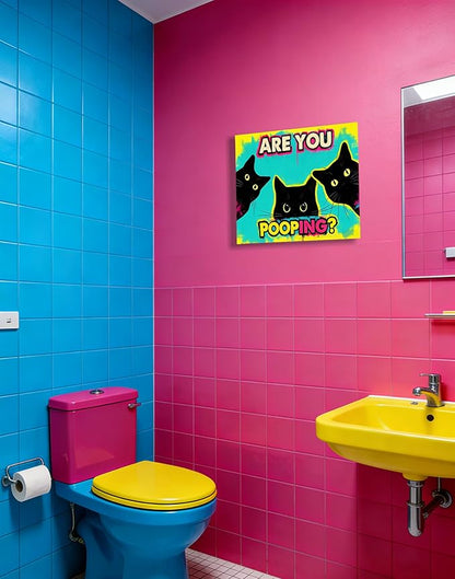 Funny Black Cat Bathroom Canvas Wall Art - Are You Pooping? Colorful Humor Poster for Washroom, 12x16 Inch Framed Graffiti Print for Toilet Restroom, Pop Art Wall Decor, Gifts for Cat Lovers