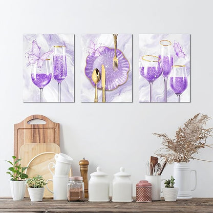sechars 3 Pieces Set Kitchen Wall Decor Purple Wine Glass Wall Art Gold Utensils Canvas Prints Modern Dining Room Pictures (Purple)
