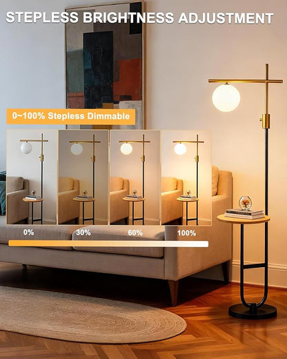 Lightdot 66IN Gold&Black Dimmable Floor Lamps with Storage Table, Modern Standing Tall Lamp with Milky White Globe Lampshade, Cross-Shaped Lamp Head and U-Pole Base Style for Living Room/Bedroom