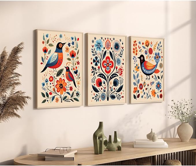 Scandinavian Folk Wall Art Nodic Flower Canvas Wall Decor Norwegian Wall Art Poster Swedish Antique Wall Decor Pictures Floral Bird Prints Vintage Poster for Home Kitchen 12x16x3 Inch Unframed