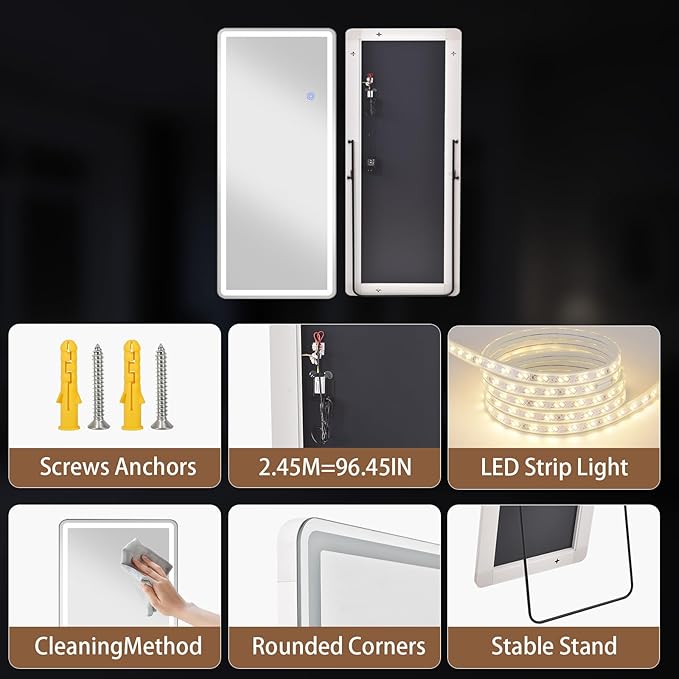 LED Full Length Mirror Floor Mirrors with Dimming &3 Color Lighting 26 x 71 Inch LED Mirrors Full Body Wall for Bedroom Dressing Room Rect