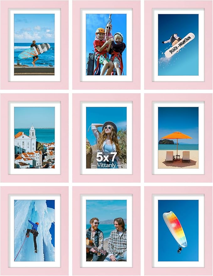 Vittanly 5x7 Picture Frames Set of 9, Display 4x6 Pictures with Mat or 5x7 without Mat, Photo Frames for Wall or Tabletop with Plexiglass, Engineered Wood, Pink