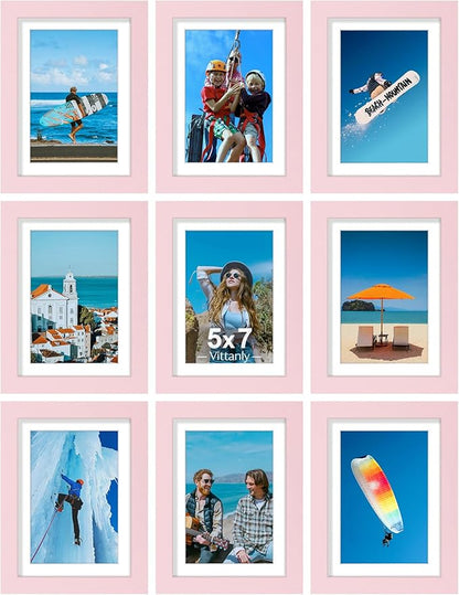 Vittanly 5x7 Picture Frames Set of 9, Display 4x6 Pictures with Mat or 5x7 without Mat, Photo Frames for Wall or Tabletop with Plexiglass, Engineered Wood, Pink