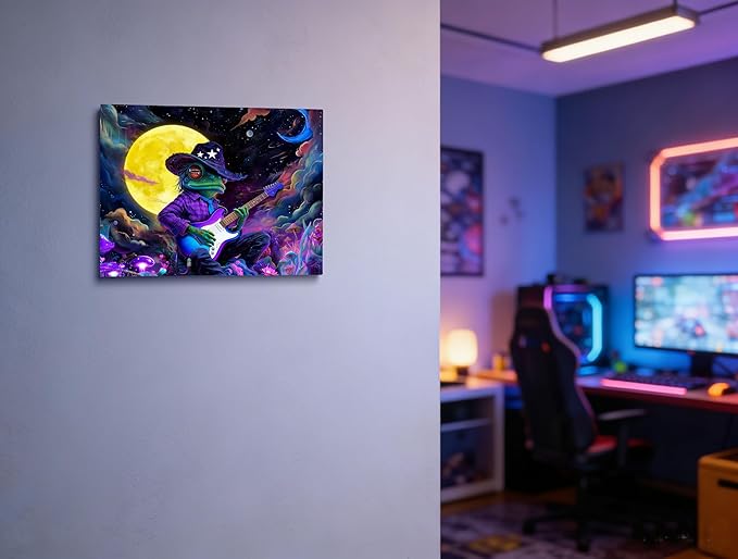 12x16 Trippy Space Purple Frog Canvas Wall Art, Watercolor Framed Outer Funny Guitar Player Kids Sci-fic Room Decor Teen Boy Bedroom Cool Posters Children Home Prints Painting for Living Room Bathroom