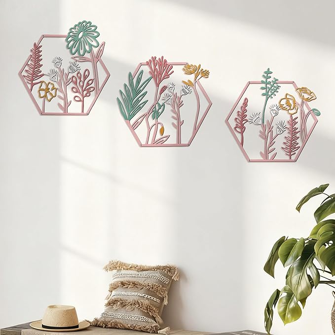 Peryiter 3 Pcs Metal Flower Wall Decor Minimalist Floral Wall Hanging Decor Metal Flower Rustic Floral Art for Spring Living Room Bathroom Kitchen Indoor Outdoor(Pink)