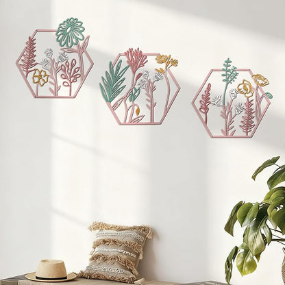 Peryiter 3 Pcs Metal Flower Wall Decor Minimalist Floral Wall Hanging Decor Metal Flower Rustic Floral Art for Spring Living Room Bathroom Kitchen Indoor Outdoor(Pink)