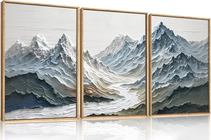 Large Snow Mountain River Framed Canvas Wall Art Set,Modern Abstract Nature Landscape Wall Decor,Neutral Blue and White Ridge Scenery Artwork for Living Room,Bedroom,Office-16 x24 x3