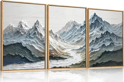Large Snow Mountain River Framed Canvas Wall Art Set,Modern Abstract Nature Landscape Wall Decor,Neutral Blue and White Ridge Scenery Artwork for Living Room,Bedroom,Office-16 x24 x3