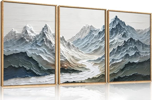 Large Snow Mountain River Framed Canvas Wall Art Set,Modern Abstract Nature Landscape Wall Decor,Neutral Blue and White Ridge Scenery Artwork for Living Room,Bedroom,Office-16 x24 x3