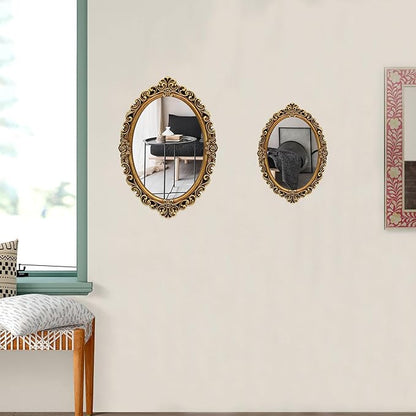OIGUMR Small Oval Wall Mirror Resin Frame Size：15 x 10.7 inch.Vintage Hanging Mirrors for Bedroom Living-Room Dresser Decor Gold