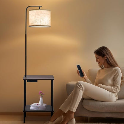 EOEYYOYB Floor Lamp with Table & Drawers, End Table Lamp with USB Charging Portt Power Outlet and Shelves, Side Table Reading Light with 3 Color Temperature Led Bulb Included for Living Room, Walnut