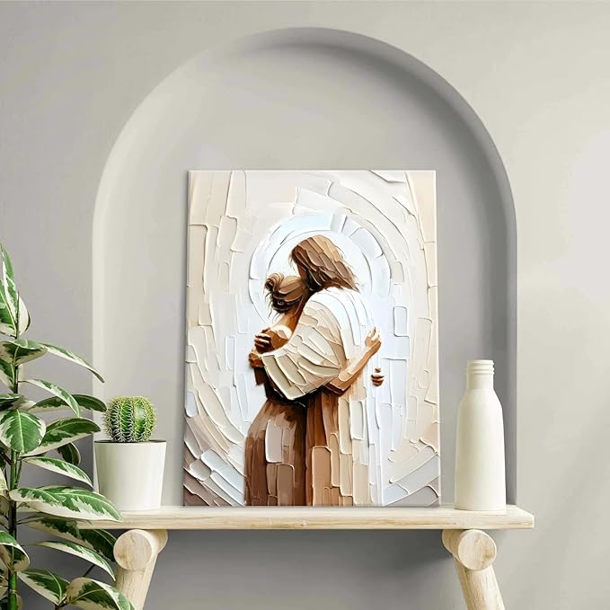 Jesus Hugging Woman Canvas Wall Art God & Girl Wall Decor Safe in His Arms Pictures Modern Christian Healing Embrace Mormon Prints Posters Artwork for Living & Prayer Room Bedroom Decor 8x10in canvas