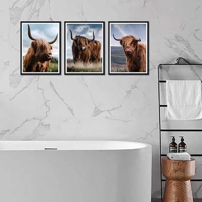 Highland Cow 3 Plane Framed Canvas Wall Art Rustic Cow Decor for Country House Apartment Living Room Vintage Farmhouse Animal Portrait Print Artwork Wall Decor Easy to Hand 12x16inchx3pcs