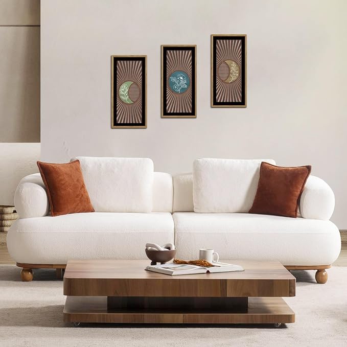 IARTTOP 3Pcs Boho Moon Phase Wall Decor Framed Celestial Wood Wall Art Set Mid Century Modern Abstract Geometric Botanical Hanging Decor for Living Room Bedroom Minimalist Home Decor 7.9x15.8 Inch