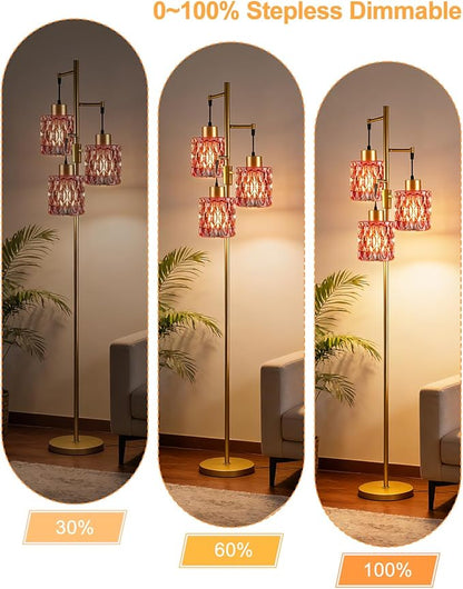 3-Light Modern Glass Floor Lamp, Gold Standing Tall Lamp with Deep Red Cylinder Glass Shade for Reading, Dimmable LED Floor Lamp with 5Lbs Heavy Base for Living Room Bedroom Home Decor, Bulb Included