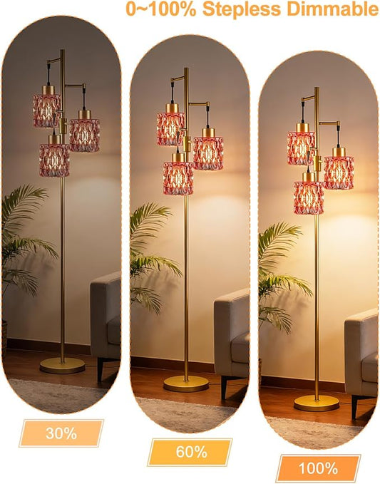 3-Light Modern Glass Floor Lamp, Gold Standing Tall Lamp with Deep Red Cylinder Glass Shade for Reading, Dimmable LED Floor Lamp with 5Lbs Heavy Base for Living Room Bedroom Home Decor, Bulb Included