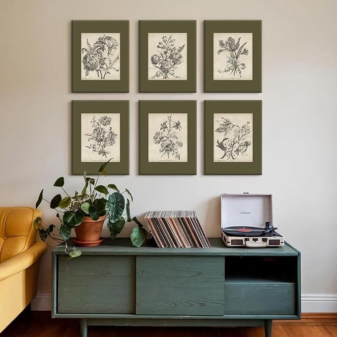 Vintage Floral Wall Art Sketch Flower Prints Antique Botanical Canvas Wall Art Decor Vintage Etchings Floral Poster Green Botanical Painting Sage Green Artwork for Bedroom 8x10x6 Inch Wrapped Canvas