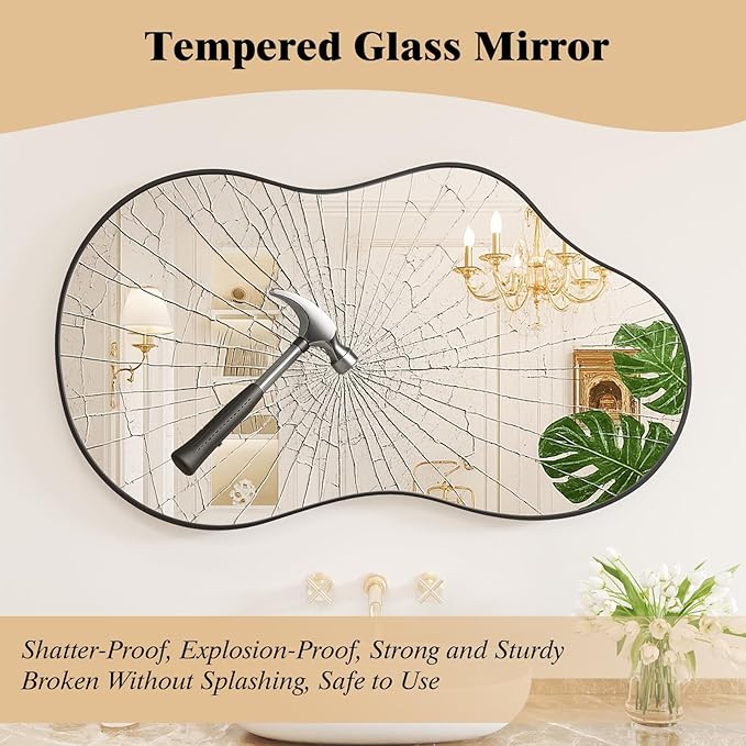 WEER Irregular Wall Mirror, 20x36 inch Black Asymmetrical Mirror Wall Mounted Mirrors Decorative, Abstract Wavy Aluminum Alloy Frame Bathroom Mirror, Bedroom, Living Room, Entryway