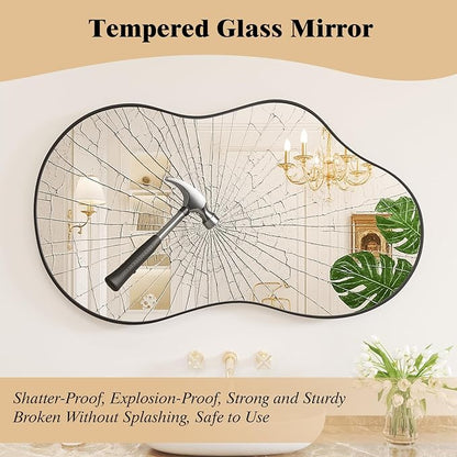 WEER Irregular Wall Mirror, 20x36 inch Black Asymmetrical Mirror Wall Mounted Mirrors Decorative, Abstract Wavy Aluminum Alloy Frame Bathroom Mirror, Bedroom, Living Room, Entryway