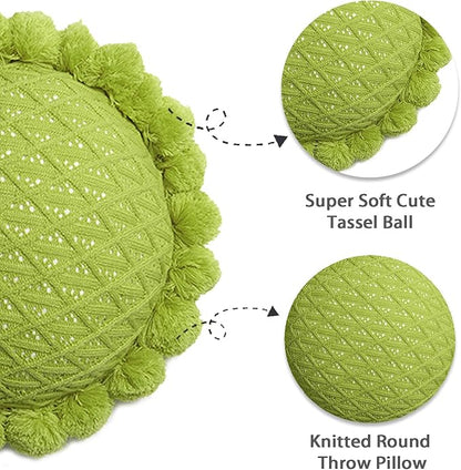 Acrylic Knitted Round Throw Pillow Knitting Bohemian Circular Cushion Pillow with Knit Handmade Pompoms Decorative Apple Green, Diameter 18inches