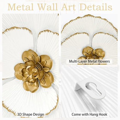 DILATATA 3 Pcs Metal Flower Wall Art Set 10 Inch Rustic Modern Floral Sculpture 3D Metal Flower Wall Hanging Accent for Indoor Living Room Bedroom Kitchen Bathroom Garden Patio Decor - White