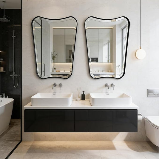 POZINO Irregular Beveled Mirror, 24"x36" Modern Bathroom Vanity Mirror for Over Sink, Unique Butterfly Shape Aesthetic Wall Mirrors for Living Room Bedroom Entryway Hallway Fireplace